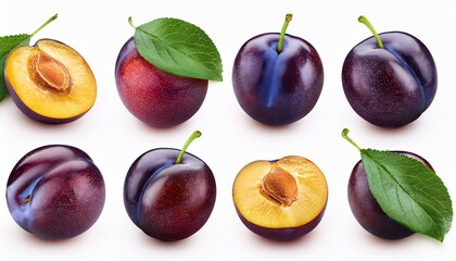 Set of Plum and leaves, isolated on white background