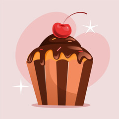 Cupcake illustration with chery and chocolate