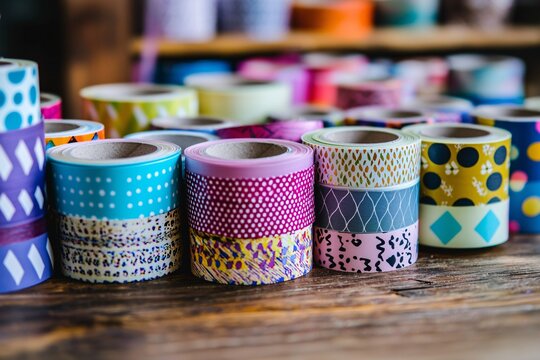 A vibrant array of patterned adhesive tape rolls is neatly arranged on a wooden surface, perfect for sparking creativity.