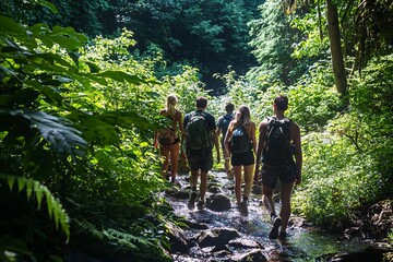 Obraz premium A band of friends sets off on an exhilarating hike through a vibrant wilderness, creating lasting memories in natures splendor.