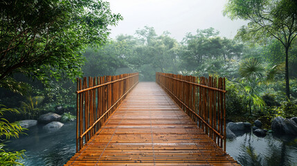 Obraz premium Wooden Path through Misty Rainforest 