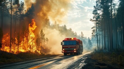 fire truck along the road in action