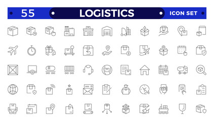 Logistics outline icon. Delivery service outline icon set. Containing order tracking, delivery home, warehouse, truck, scooter, courier Sea Air, Date, Return Search Parcel,  and cargo icons.