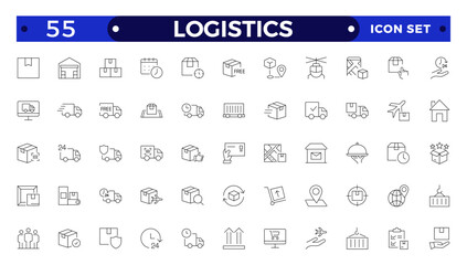Logistics outline icon. Delivery service outline icon set. Containing order tracking, delivery home, warehouse, truck, scooter, courier Sea Air, Date, Return Search Parcel,  and cargo icons.