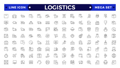 Logistics outline icon. Delivery service outline icon set. Containing order tracking, delivery home, warehouse, truck, scooter, courier Sea Air, Date, Return Search Parcel,  and cargo icons.