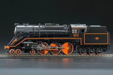 Obraz premium Black and Orange Model Train Locomotive on Tracks