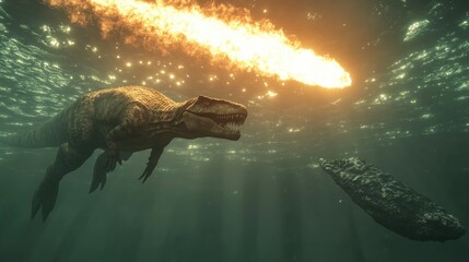Obraz premium A Tyrannosaurus Rex swims towards a burning meteorite in a prehistoric ocean.