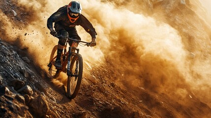 A fearless cyclist races down a rugged path, leaving a trail of dust in their wake, embodying pure exhilaration.