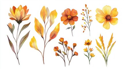 Obraz premium Set of watercolor illustrations of yellow and orange autume flowers on white background