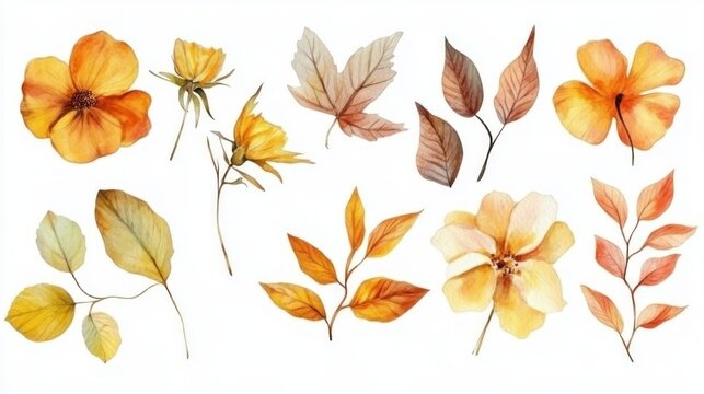 Set of watercolor illustrations of yellow and orange autume flowers on white background