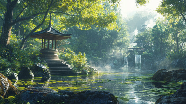 Serene autumnal landscape of a Japanese garden, featuring a cascading waterfall amidst lush greenery and a tranquil pond reflecting ancient architecture