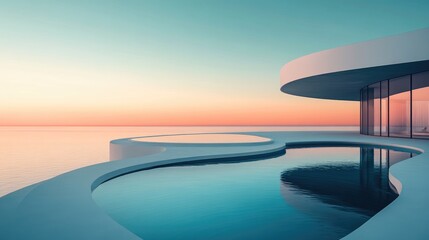 Fototapeta premium A serene scene of modern architecture featuring a circular platform over tranquil blue water, set against a clear sky at sunset, exuding peace and elegance.