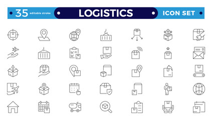 Logistics outline icon. Delivery service outline icon set. Containing order tracking, delivery home, warehouse, truck, scooter, courier Sea Air, Date, Return Search Parcel Editable stroke outline icon