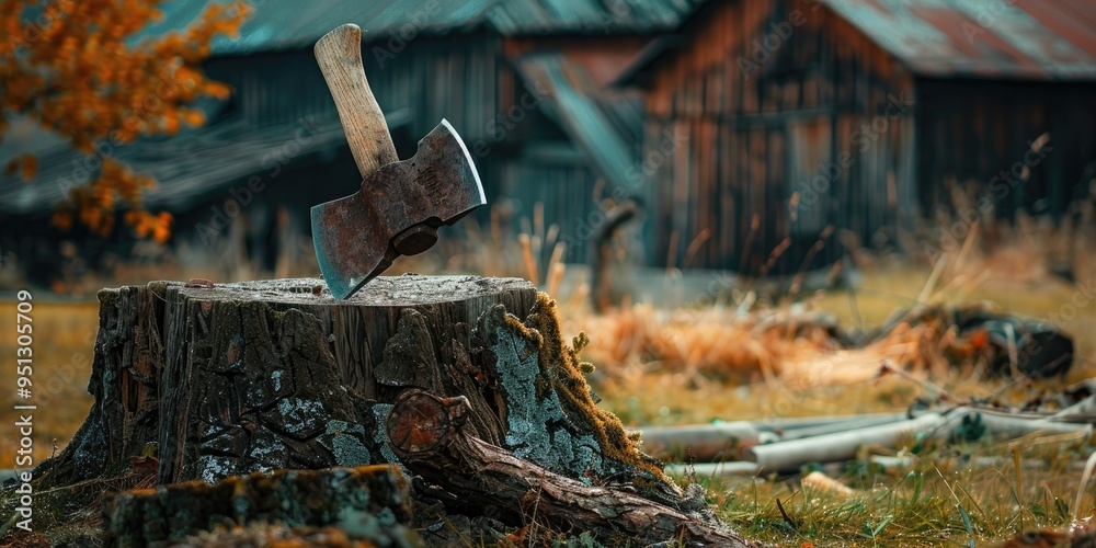 Wall mural Oversized Corroded Axe Stuck in an Oak Log Beside a Rustic Barn