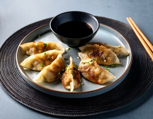 Japanese fried gyoza dumplings with soy sauce