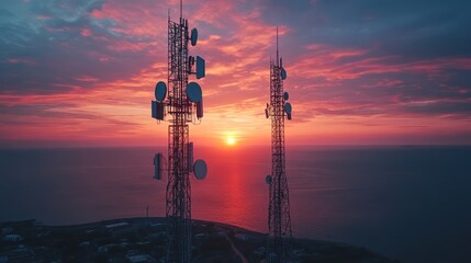 Telecommunication transmission towers, internet signal connection concept