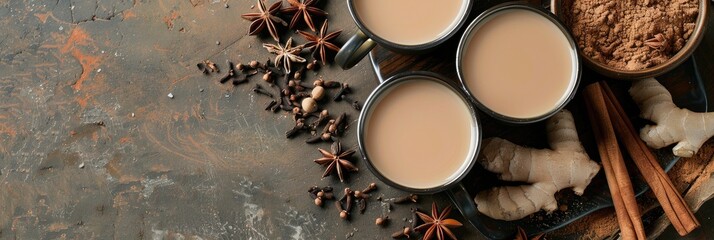 Nutritious chai tea latte made with milk, cinnamon, ginger, star anise, and clove spices, featuring a delightful mix from fermented black tea leaves.