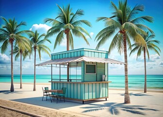 Naklejka premium A vibrant 3D single line drawing of waffles on a tropical beach, complete with swaying palm trees and crystal-clear turquoise water, inviting relaxation and delight.