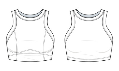 Crop tank top Hoodie technical fashion illustration. Crop tank top vector template illustration. Front view. Sexy fit. Curve hem. Women’s top. white colour. CAD mockup set.