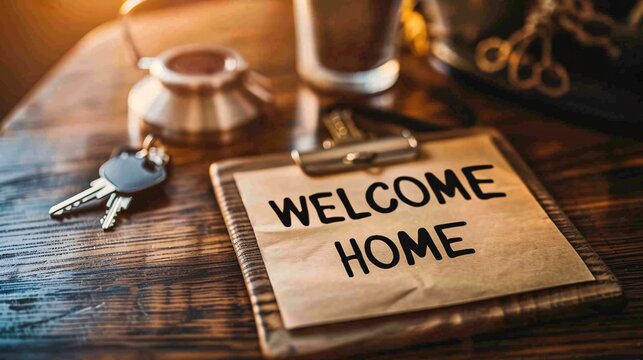 Welcome message and keys placed on wooden table in simple room.