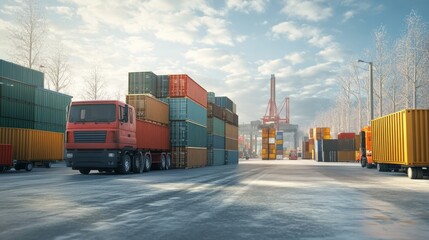 Industrial cargo operations, logistics, and transport depicted without humans, featuring photorealistic details.