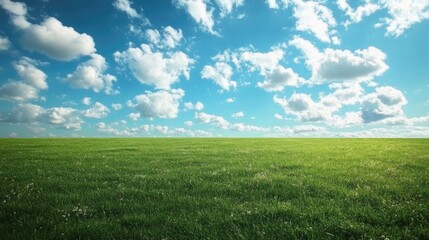 Fototapeta premium A vast empty green meadow under a beautiful sky with fluffy clouds, capturing the serenity of nature and the open landscape