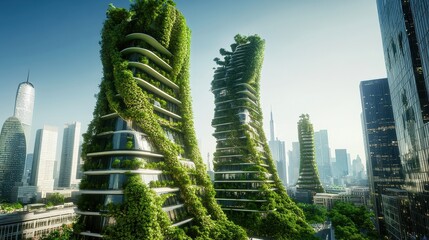 Obraz premium Futuristic Green Skyscrapers with Vertical Gardens in a Modern Urban Cityscape
