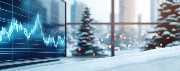 Modern office with a snow covered cityscape, financial charts on winter trends displayed on large screens