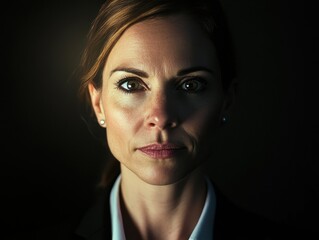 Obraz premium Intense Portrait of a Confident Businesswoman in a Dark Suit with a Serious Expression
