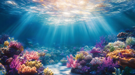 A vibrant coral garden in shallow waters with sunlight streaming through the surface