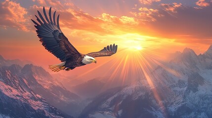Obraz premium Majestic Eagle Soaring Over Sunset Mountains: A Stunning Poster for Sports Interiors, Capturing Freedom and Nature's Majesty with Radiant Beams of Colorful Light.