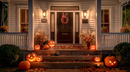 Obraz premium Happy Halloween Decorations on front porch of the white house with display elements flat lay top view with Jack lantern orange pumpkins with lighting inside