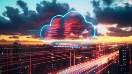 A striking image of a glowing digital cloud hovering over a cityscape, representing cloud computing, data transfer, or futuristic technology.