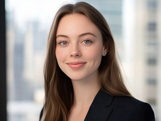 Professional Young Woman Smiling in Modern Office Setting with City Skyline in Background