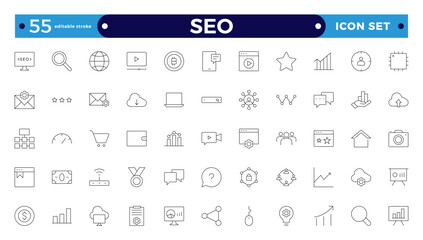 SEO Outline icon set. Search Engine Optimization icon collection. Containing business and marketing, traffic, ranking, optimization, links, and keywords. Editable stroke outline icon. 