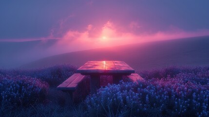 Obraz premium Wooden Picnic Table with a View of a Sunset in a Field of Wildflowers