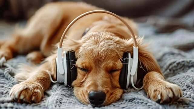 Golden Beats Naptime: A content Golden Retriever puppy drifts off to dreamland, snuggled in a cozy blanket with headphones peacefully resting on its head. 