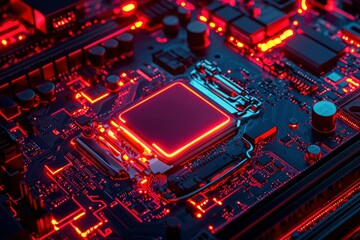 Obraz premium Close-up of a glowing red CPU on a circuit board