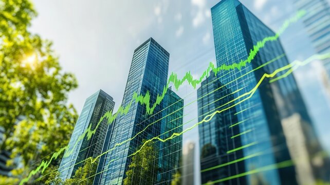 A financial graph showing the steady rise of green energy stocks, with eco-friendly skyscrapers in the background