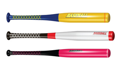 An illustration of three baseball bats, each designed with vibrant colors and unique patterns. The top bat is yellow with a blue handle, the middle one is white with a red tip and black handle