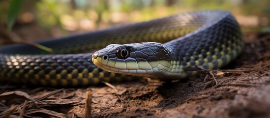 Fototapeta premium Closeup of a Black-Banded Snake on the Forest Floor