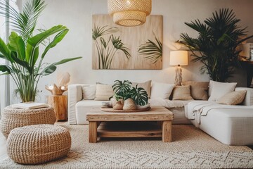 Cozy Scandinavian Living Room with Exposed Wood Details and Natural Ambiance