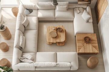 Serene Scandinavian Living Room with Light Wood Furniture and Earthy Tones, Minimalistic Design and Cozy Ambiance from Top-Down View