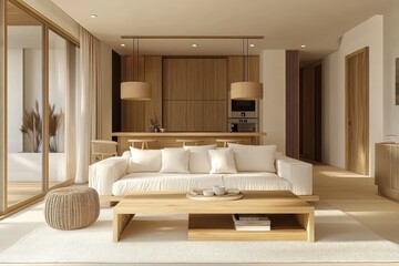 Serene Scandinavian Living Room with Light Wood Accents and Linen Upholstery in Wide-Angle Shot