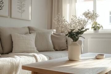 Serene Scandinavian Living Room with Oak Coffee Table and Neutral Earthy Decor in Wide-Angle Shot, Embracing Cozy Soft Textures