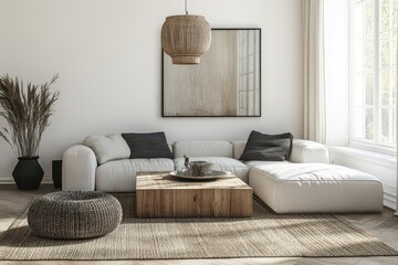 Serene Scandinavian Living Room with Oak Coffee Table and Soft Textures in Neutral Earthy Decor