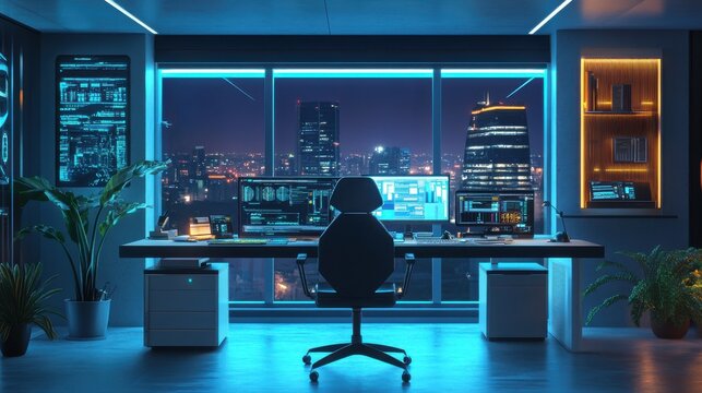 Fototapeta A computer workstation with a large monitor and a black chair