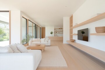 Serene Scandinavian Living Room with Light Wood Shelving and Earth-Toned Accents, Bathed in Natural Light - Wide-Angle Shot of Bright, Airy Space