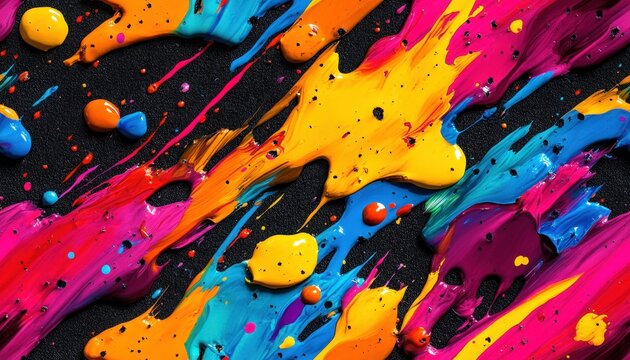Vibrant abstract art with splashes of colorful paint on a dark background, showcasing dynamic energy and creativity in motion.
