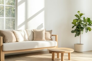 Scandinavian-Inspired Living Room with Light Wood Furniture and Earth-Toned Cushions, Bathed in Warm Natural Light from Large Windows - Side Shot
